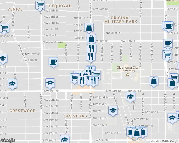 map of restaurants, bars, coffee shops, grocery stores, and more near 2100 Northwest 26th Street in Oklahoma City