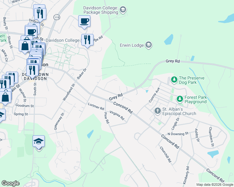 map of restaurants, bars, coffee shops, grocery stores, and more near in Davidson