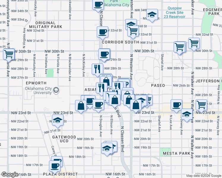 map of restaurants, bars, coffee shops, grocery stores, and more near 1216 Northwest 26th Street in Oklahoma City