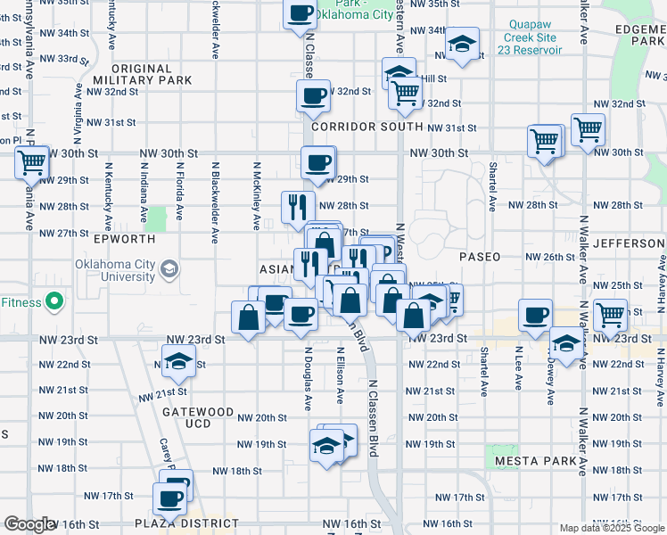map of restaurants, bars, coffee shops, grocery stores, and more near 1216 Northwest 26th Street in Oklahoma City