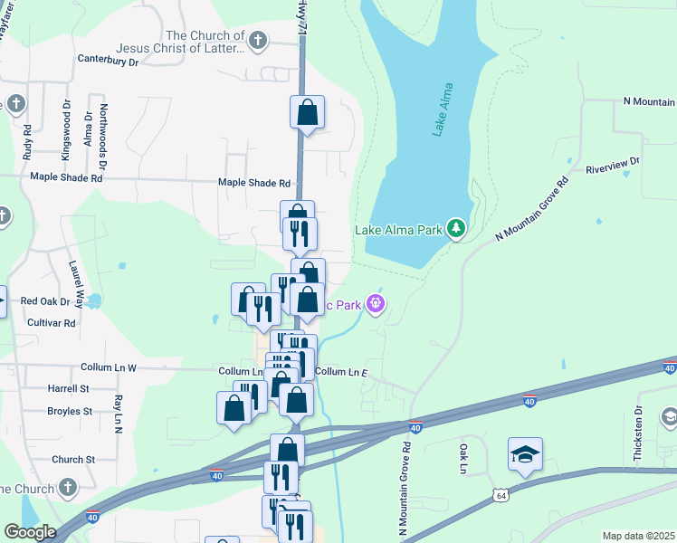 map of restaurants, bars, coffee shops, grocery stores, and more near 121 Lake Dr in Alma