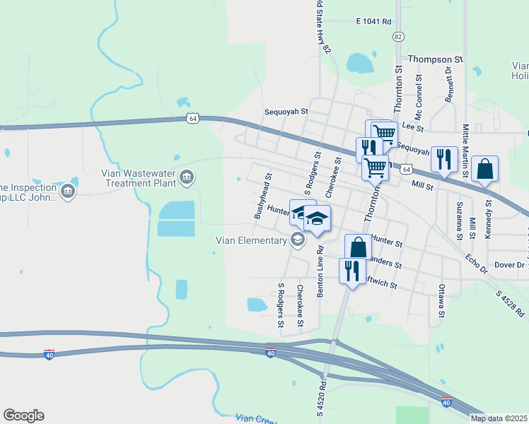 map of restaurants, bars, coffee shops, grocery stores, and more near 502 Bushyhead in Vian