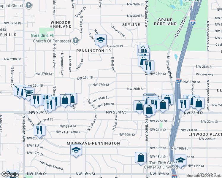 map of restaurants, bars, coffee shops, grocery stores, and more near 3915 Northwest 26th Street in Oklahoma City