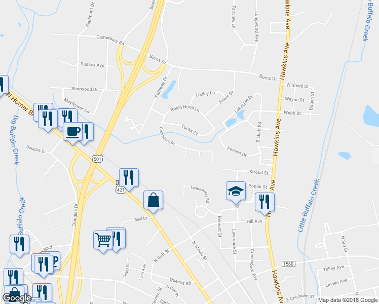 map of restaurants, bars, coffee shops, grocery stores, and more near 901 Little John Lane in Sanford