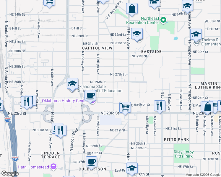 map of restaurants, bars, coffee shops, grocery stores, and more near 835 Northeast 25th Street in Oklahoma City