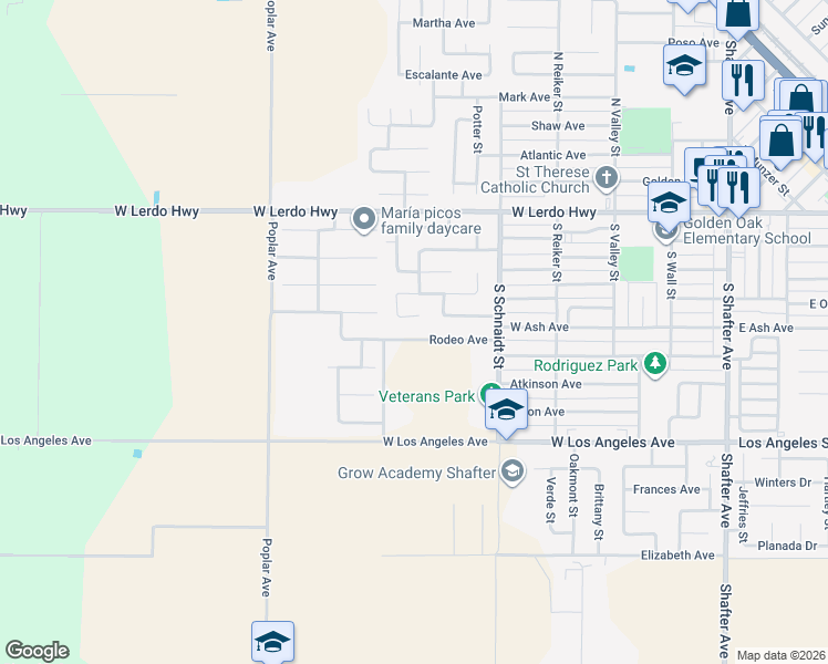 map of restaurants, bars, coffee shops, grocery stores, and more near 614 Rodeo Avenue in Shafter