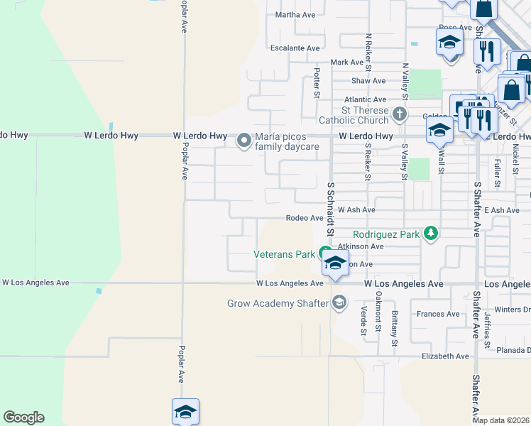 map of restaurants, bars, coffee shops, grocery stores, and more near 614 Rodeo Avenue in Shafter
