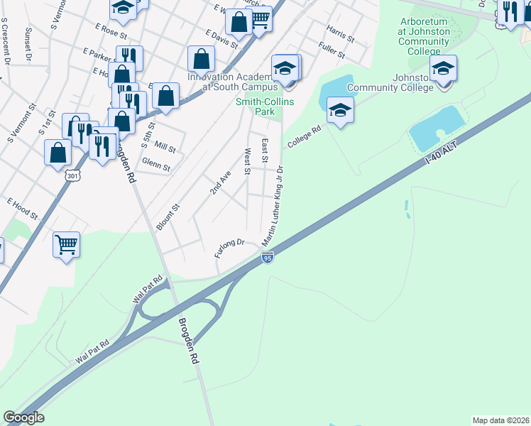 map of restaurants, bars, coffee shops, grocery stores, and more near 913 East Street in Smithfield