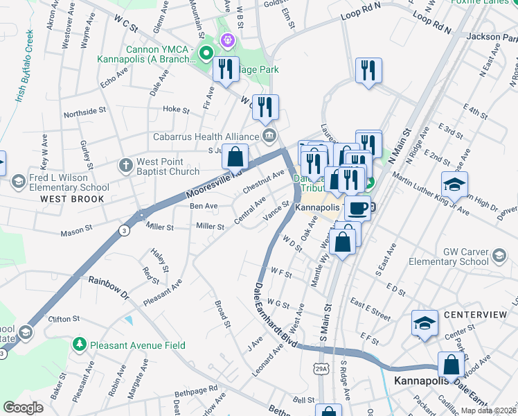 map of restaurants, bars, coffee shops, grocery stores, and more near 328 Central Avenue in Kannapolis