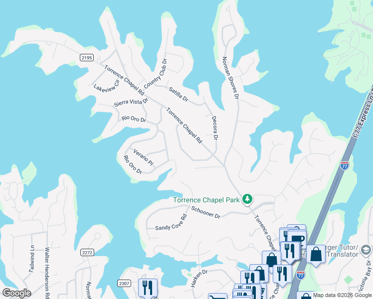 map of restaurants, bars, coffee shops, grocery stores, and more near 18418 Torrence Chapel Estates Circle in Cornelius
