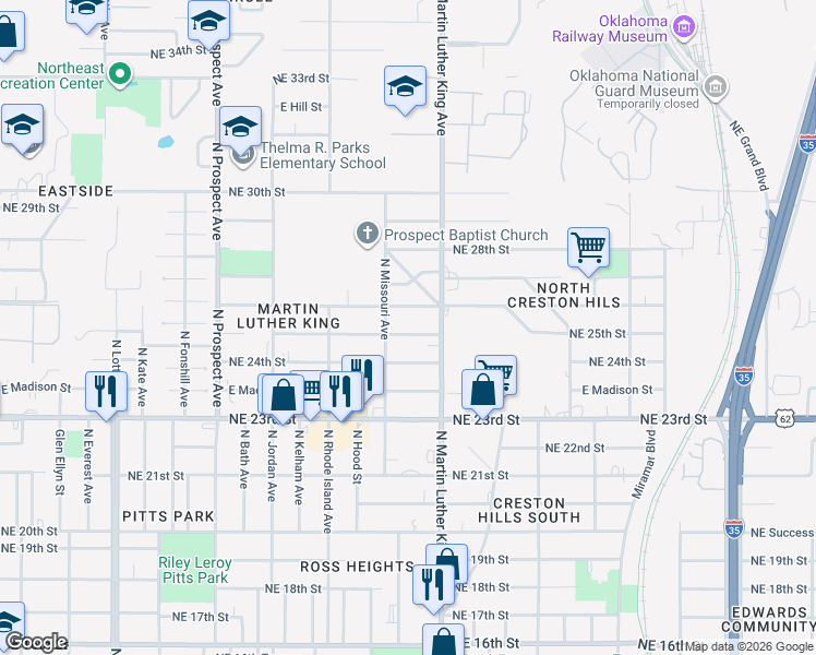 map of restaurants, bars, coffee shops, grocery stores, and more near 1931 Northeast 25th Street in Oklahoma City