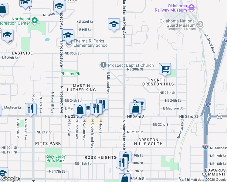 map of restaurants, bars, coffee shops, grocery stores, and more near 1931 Northeast 25th Street in Oklahoma City