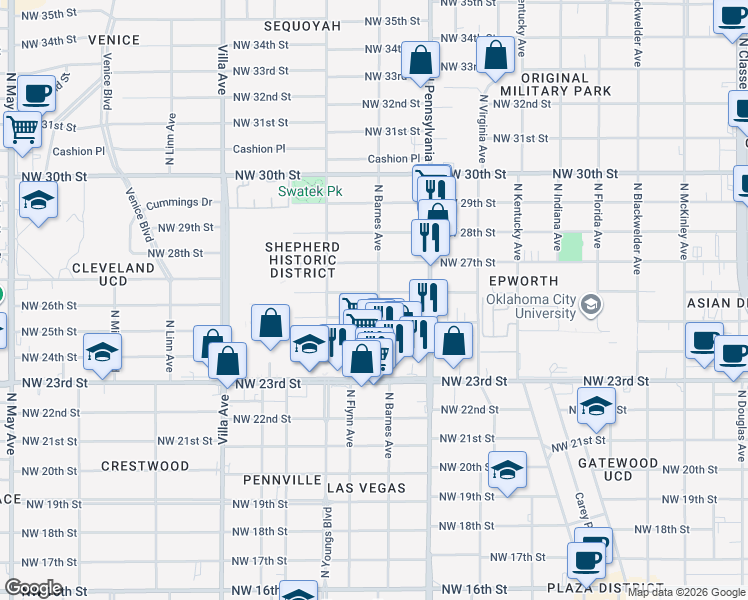 map of restaurants, bars, coffee shops, grocery stores, and more near 2136 Northwest 26th Street in Oklahoma City