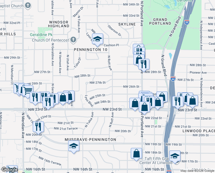 map of restaurants, bars, coffee shops, grocery stores, and more near 3915 Northwest 26th Street in Oklahoma City