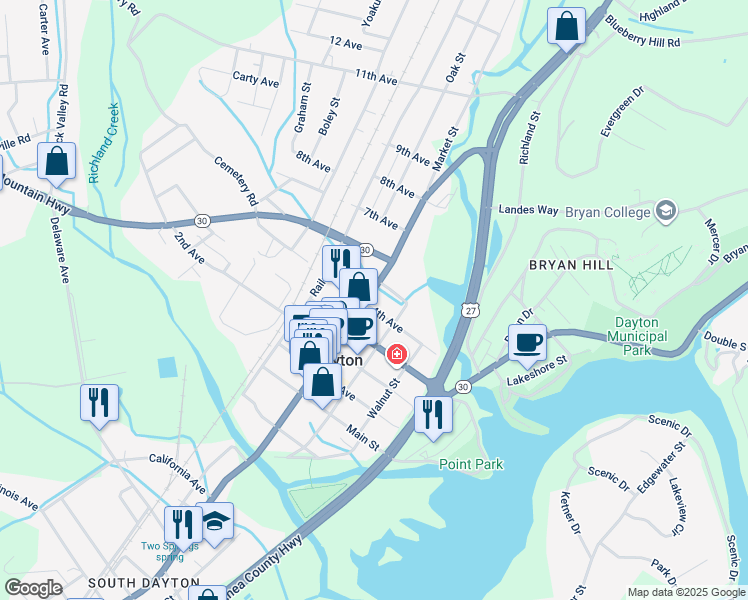 map of restaurants, bars, coffee shops, grocery stores, and more near 1598 Market St in Dayton