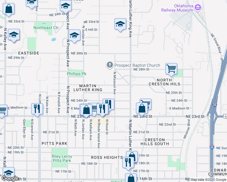 map of restaurants, bars, coffee shops, grocery stores, and more near 1845 NE 25th St in Oklahoma City