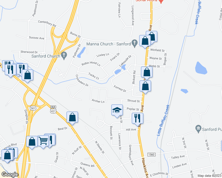 map of restaurants, bars, coffee shops, grocery stores, and more near 487 Crusaders Drive in Sanford