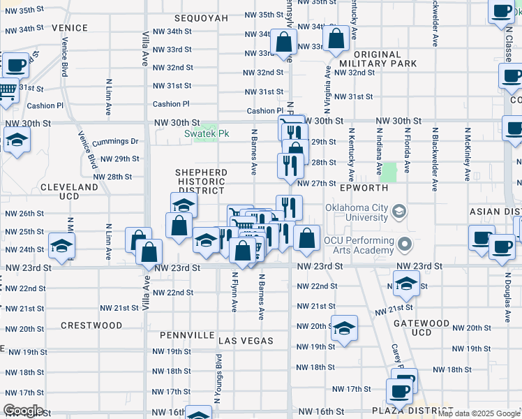 map of restaurants, bars, coffee shops, grocery stores, and more near 2136 Northwest 26th Street in Oklahoma City