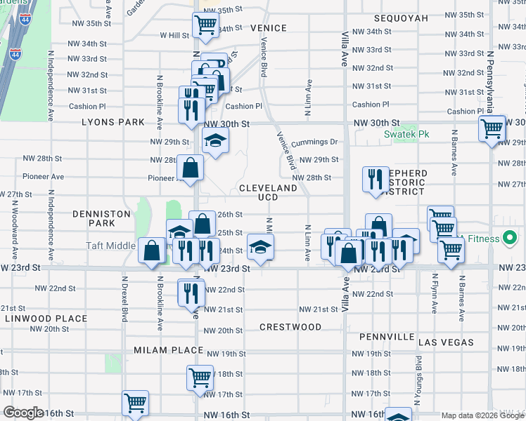 map of restaurants, bars, coffee shops, grocery stores, and more near 2705 Northwest 26th Street in Oklahoma City