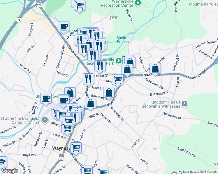 map of restaurants, bars, coffee shops, grocery stores, and more near 173 Hazel Street in Waynesville