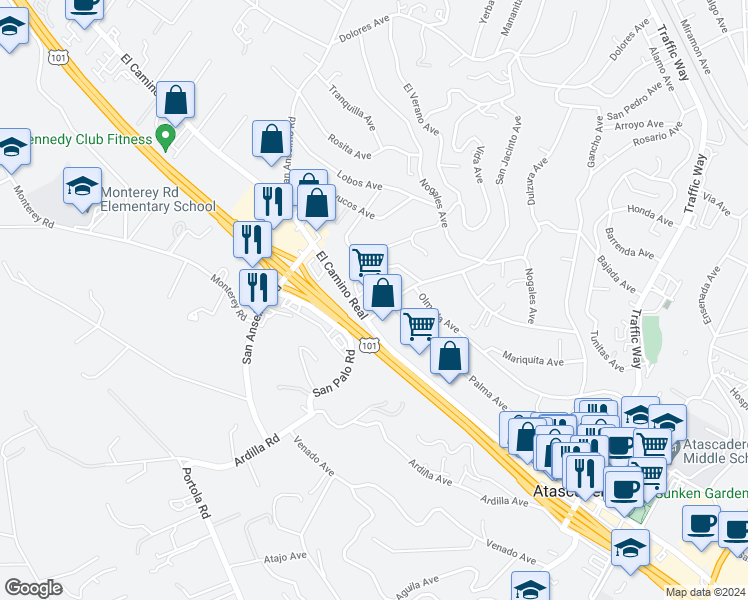 map of restaurants, bars, coffee shops, grocery stores, and more near 4851 El Camino Real in Atascadero