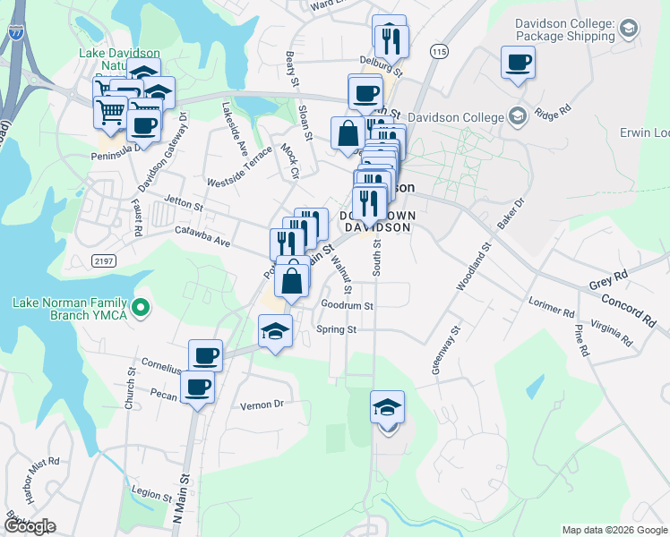 map of restaurants, bars, coffee shops, grocery stores, and more near in Davidson