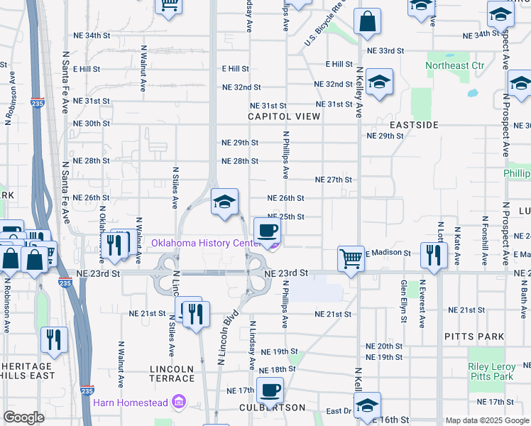 map of restaurants, bars, coffee shops, grocery stores, and more near 721 Northeast 25th Street in Oklahoma City