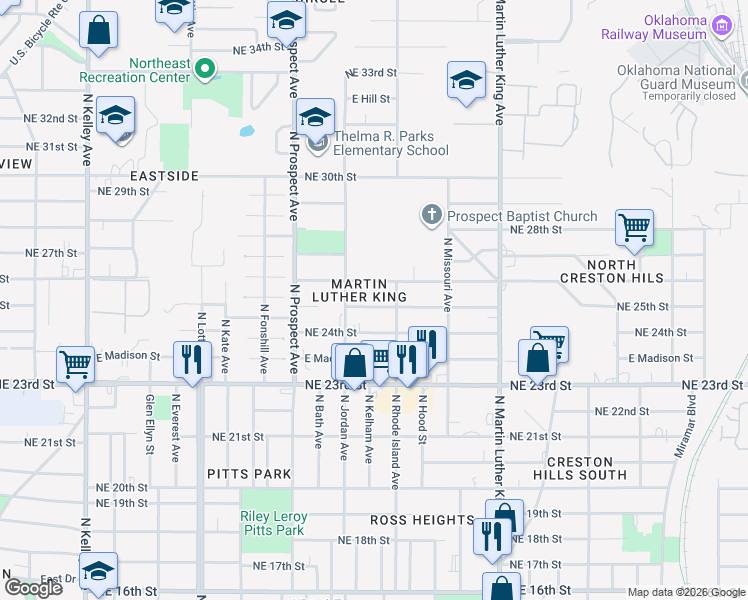 map of restaurants, bars, coffee shops, grocery stores, and more near 1705 Northeast 25th Street in Oklahoma City