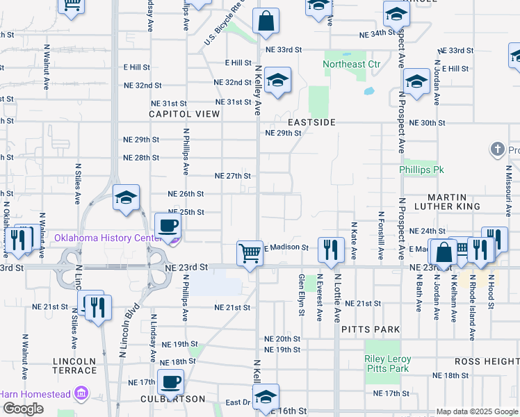map of restaurants, bars, coffee shops, grocery stores, and more near 2618 North Kelley Avenue in Oklahoma City