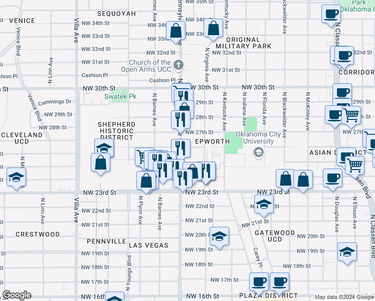 map of restaurants, bars, coffee shops, grocery stores, and more near 2014 Northwest 26th Street in Oklahoma City