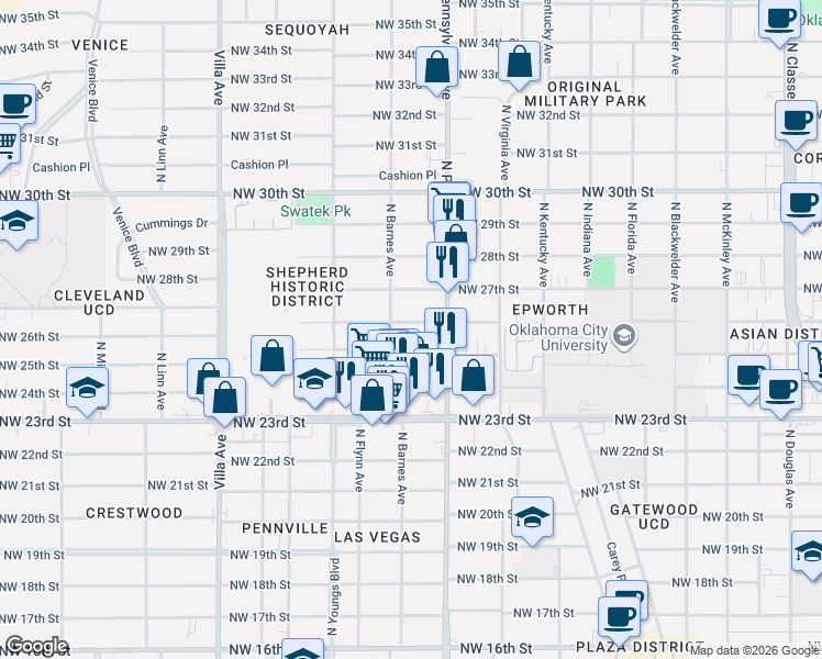 map of restaurants, bars, coffee shops, grocery stores, and more near 2136 Northwest 26th Street in Oklahoma City