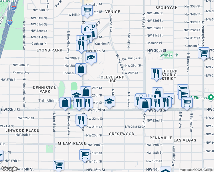 map of restaurants, bars, coffee shops, grocery stores, and more near 2705 Northwest 26th Street in Oklahoma City