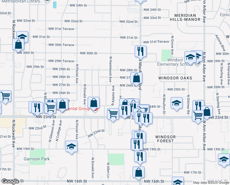 map of restaurants, bars, coffee shops, grocery stores, and more near 2605 North Adams Avenue in Oklahoma City