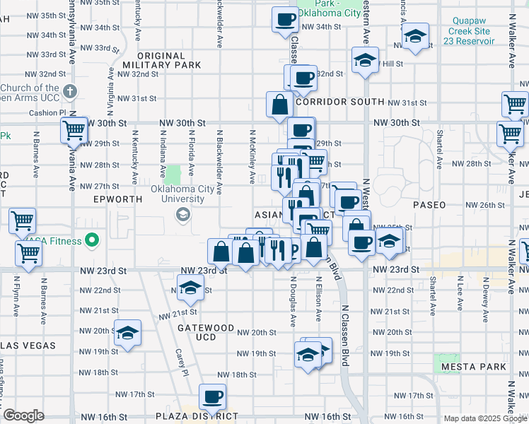 map of restaurants, bars, coffee shops, grocery stores, and more near 1434 Northwest 26th Street in Oklahoma City