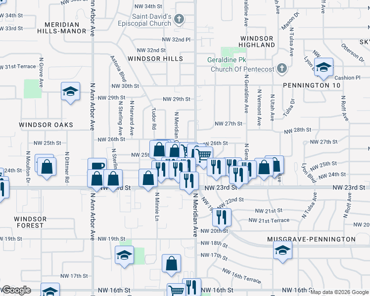 map of restaurants, bars, coffee shops, grocery stores, and more near 4509 Northwest 25th Place in Oklahoma City
