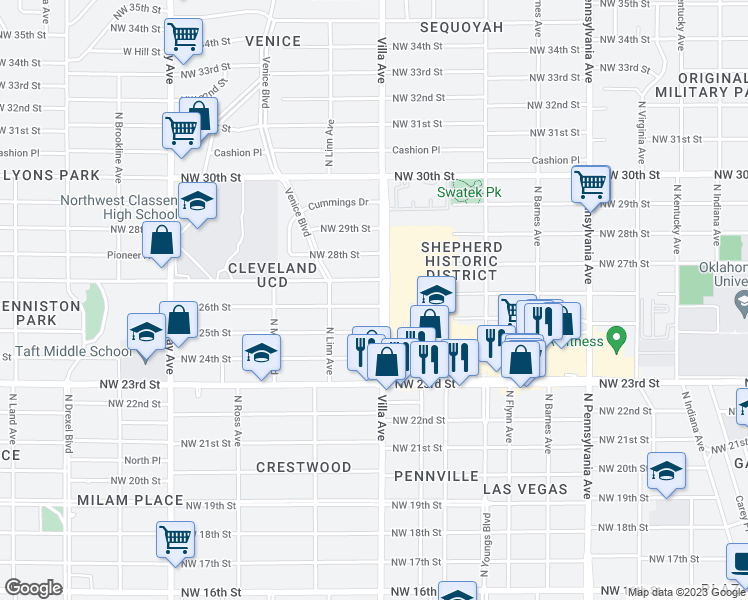 map of restaurants, bars, coffee shops, grocery stores, and more near 2505 Northwest 26th Street in Oklahoma City