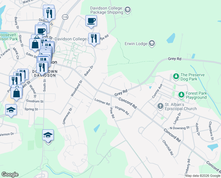 map of restaurants, bars, coffee shops, grocery stores, and more near 640 Dogwood Lane in Davidson