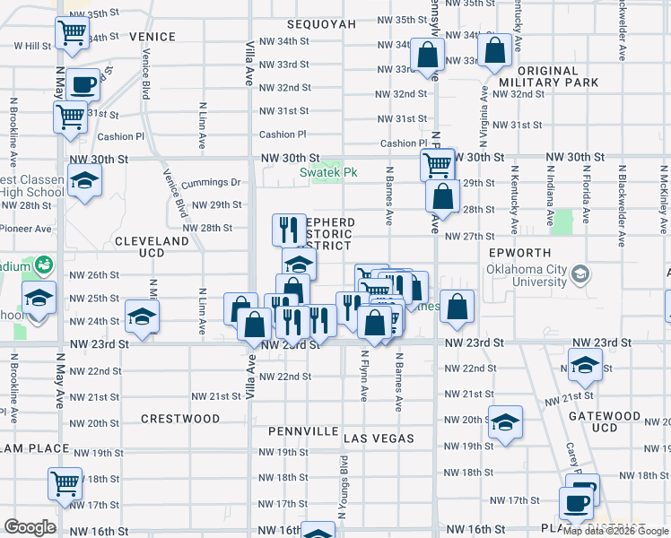 map of restaurants, bars, coffee shops, grocery stores, and more near 2304 Northwest 26th Street in Oklahoma City