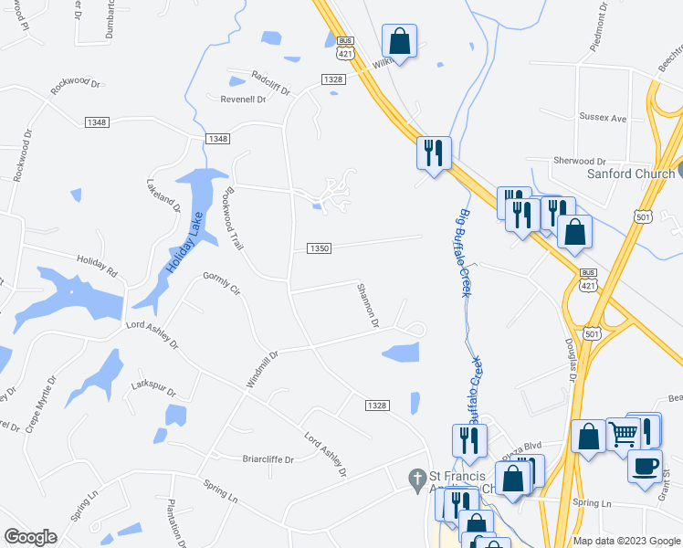 map of restaurants, bars, coffee shops, grocery stores, and more near 908 Botany Woods Drive in Sanford