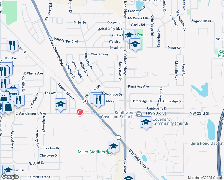 map of restaurants, bars, coffee shops, grocery stores, and more near 1018 Arlington Drive in Yukon