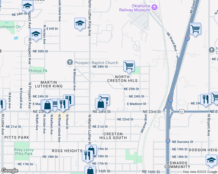 map of restaurants, bars, coffee shops, grocery stores, and more near 2106 Northeast 26th Street in Oklahoma City