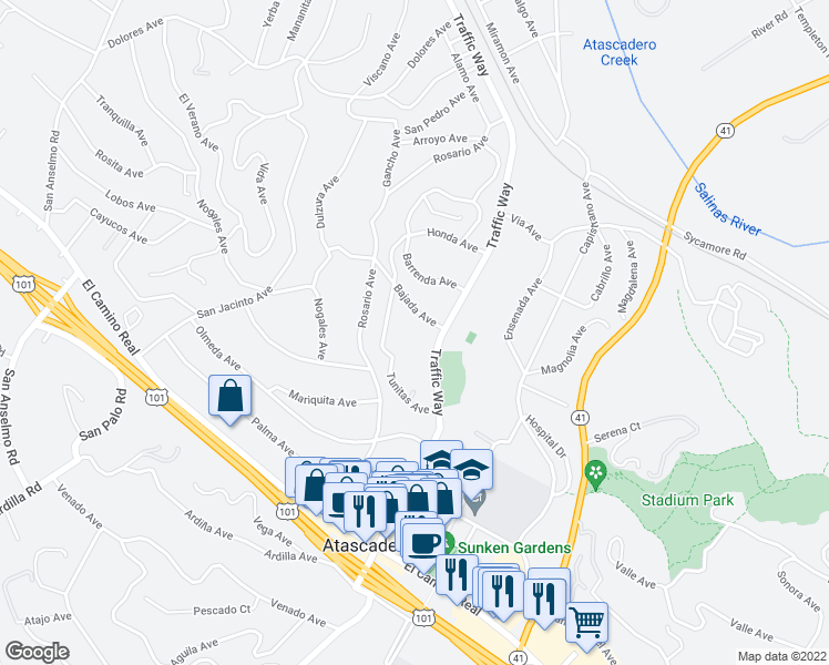 map of restaurants, bars, coffee shops, grocery stores, and more near 5525 Tunitas Avenue in Atascadero