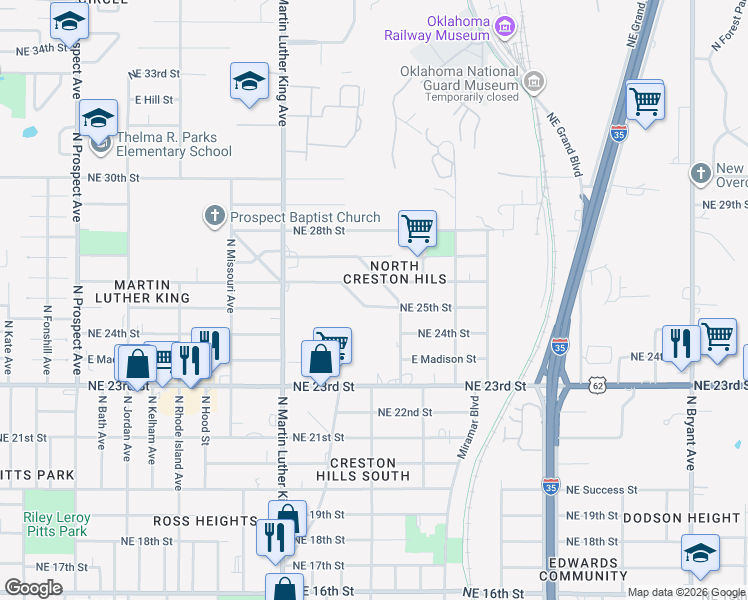 map of restaurants, bars, coffee shops, grocery stores, and more near 2131 Northeast 26th Street in Oklahoma City