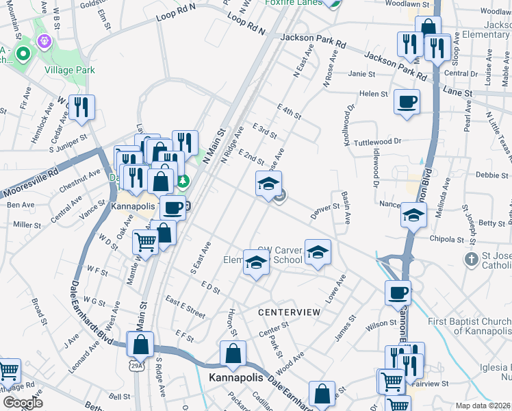 map of restaurants, bars, coffee shops, grocery stores, and more near 103 South Rose Avenue in Kannapolis