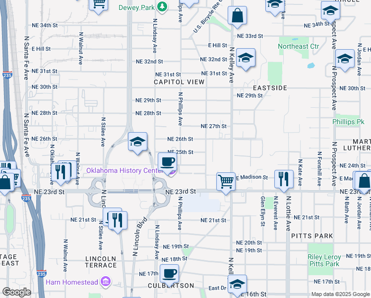 map of restaurants, bars, coffee shops, grocery stores, and more near 805 Northeast 25th Street in Oklahoma City