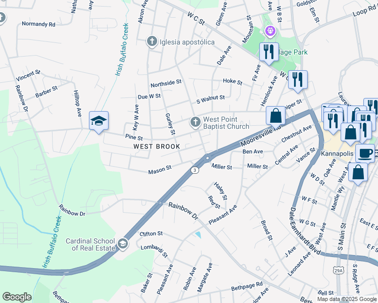 map of restaurants, bars, coffee shops, grocery stores, and more near Birch Street in Kannapolis