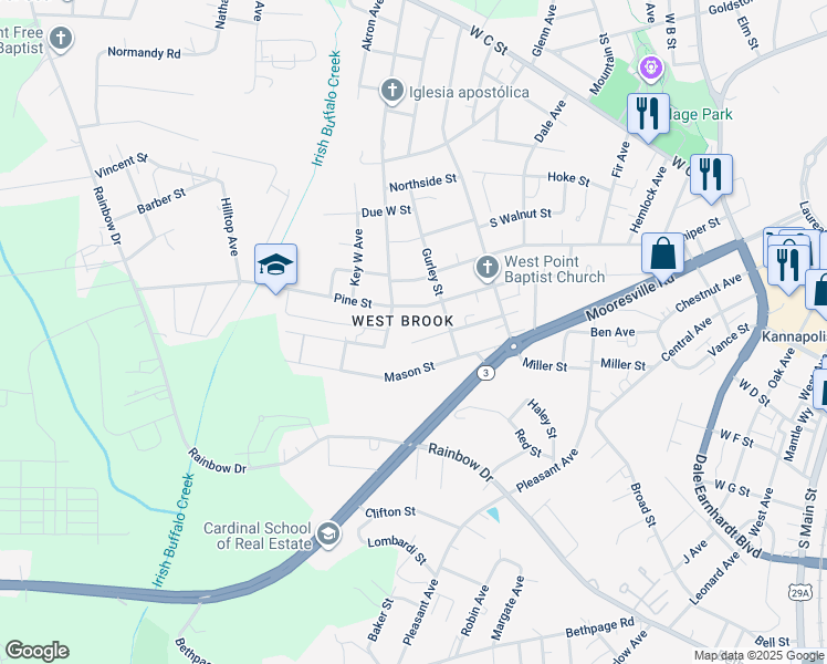 map of restaurants, bars, coffee shops, grocery stores, and more near 1208 Birch Street in Kannapolis