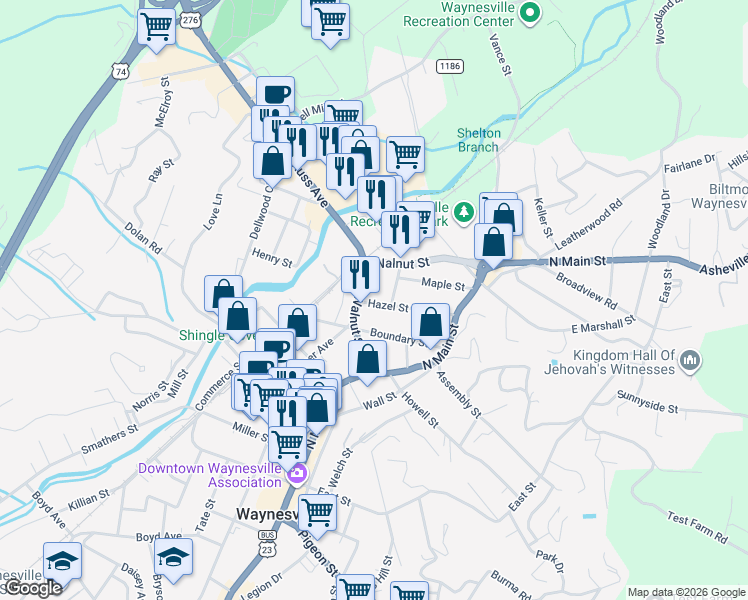 map of restaurants, bars, coffee shops, grocery stores, and more near 42 Hazel Street in Waynesville