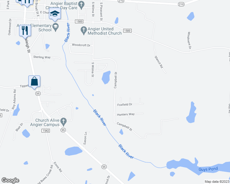 map of restaurants, bars, coffee shops, grocery stores, and more near Campbell Street in Angier