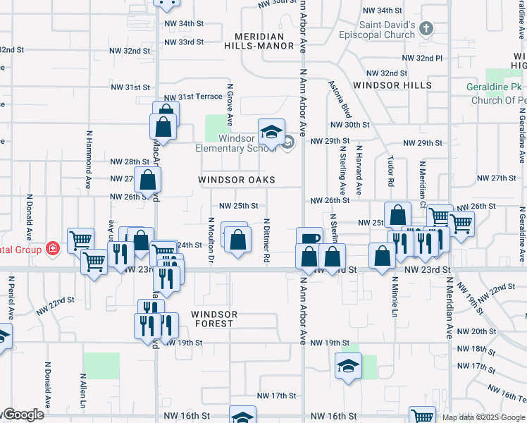 map of restaurants, bars, coffee shops, grocery stores, and more near 2509 North Dittmer Road in Oklahoma City